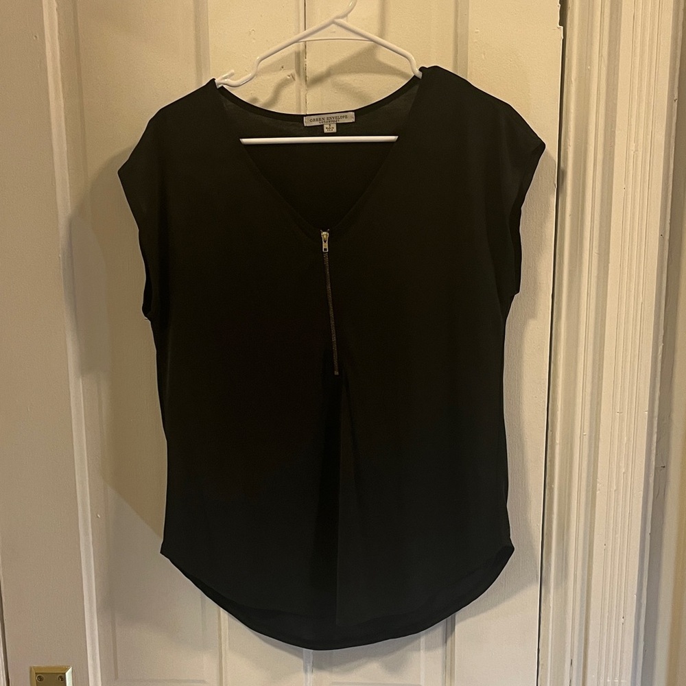 Green Envelope Black Zip-Front Blouse
